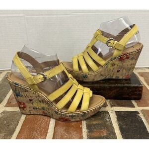 Born BOC Yellow Leather Wedge Heel Sandals Floral Cork Strappy Platform Women 9